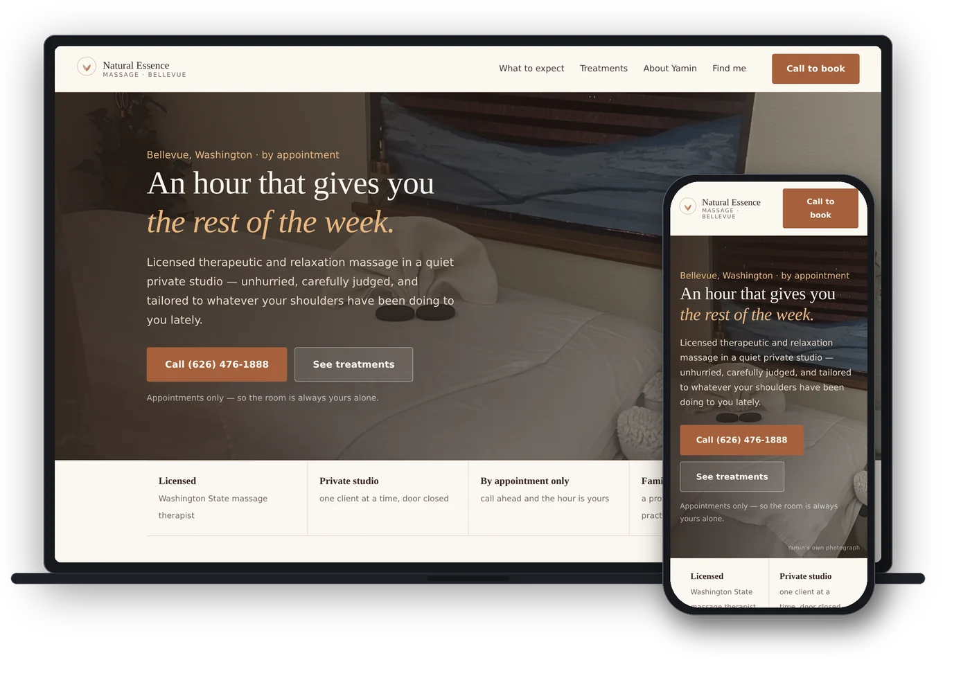 Natural Essence Massage shown on a laptop and a phone